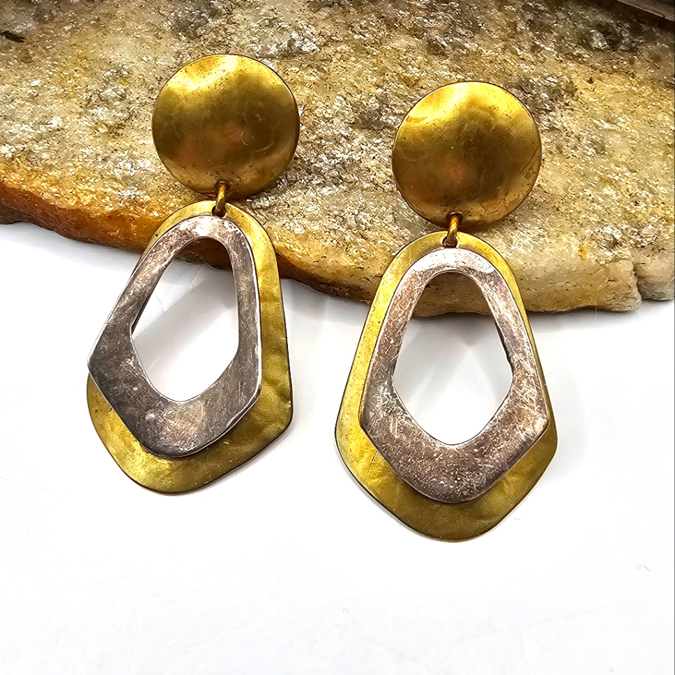 Mb Sf Marjorie Baer Modernist Metal Earrings Clip-On Brutalist Gold Silver Tone